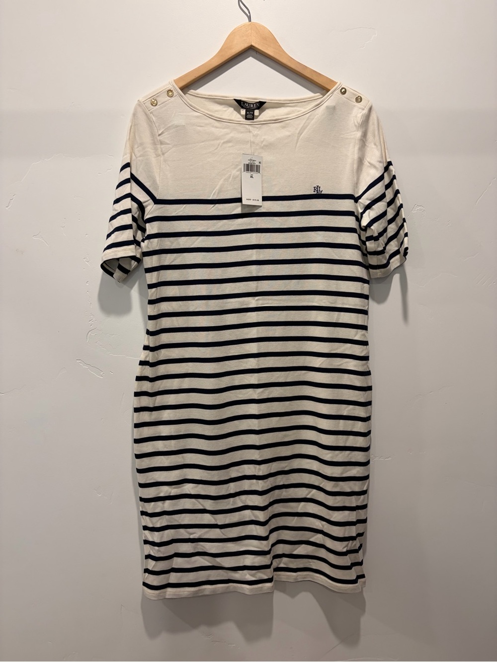 Ralph Lauren Cream and Navy Striped Midi Boatneck Dress